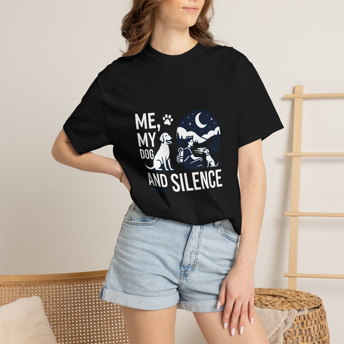 Me, My Dog and Silence T-shirt, Night Camper Design with Dog & Moon